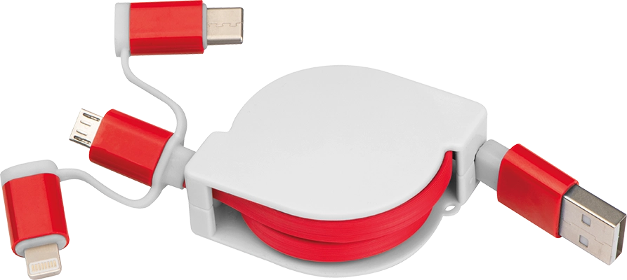 Kihúzható töltőkábel 3 csatlakozóval - Piros