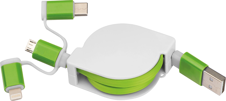 Kihúzható töltőkábel 3 csatlakozóval - Zöld