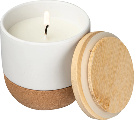 Kerámia gyertya parafa aljjal és bambusz fedővel - Fehér