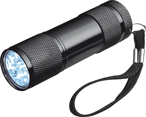 9 LED-es alumínium zseblámpa csuklópánttal - Fekete