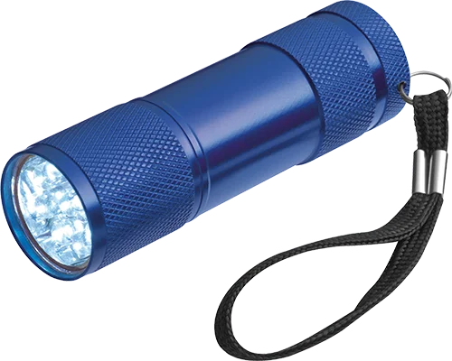 9 LED-es alumínium zseblámpa csuklópánttal - Kék
