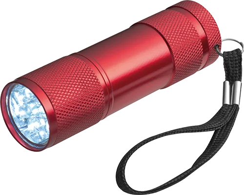 9 LED-es alumínium zseblámpa csuklópánttal - Piros